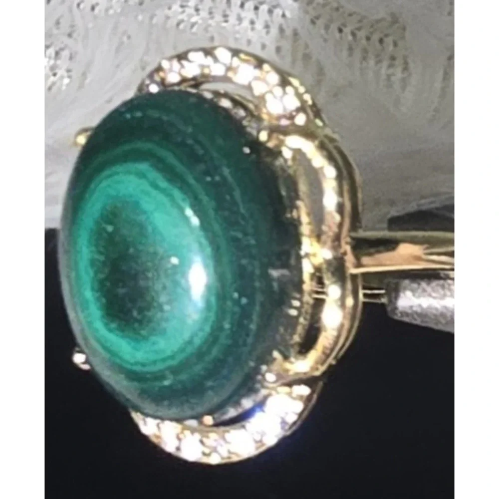 New Malachite‎ Cabochon White Rhinestone Statement Ring Sz Adjustable